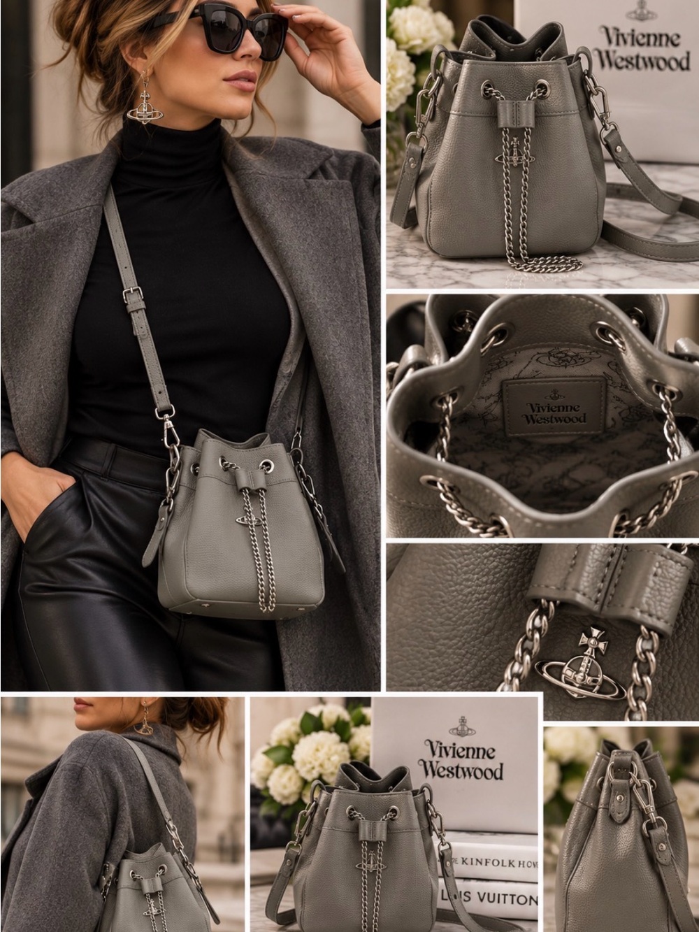 Vivienne Westwood Grey Pebbled Leather Mini Drawstring Bucket Bag